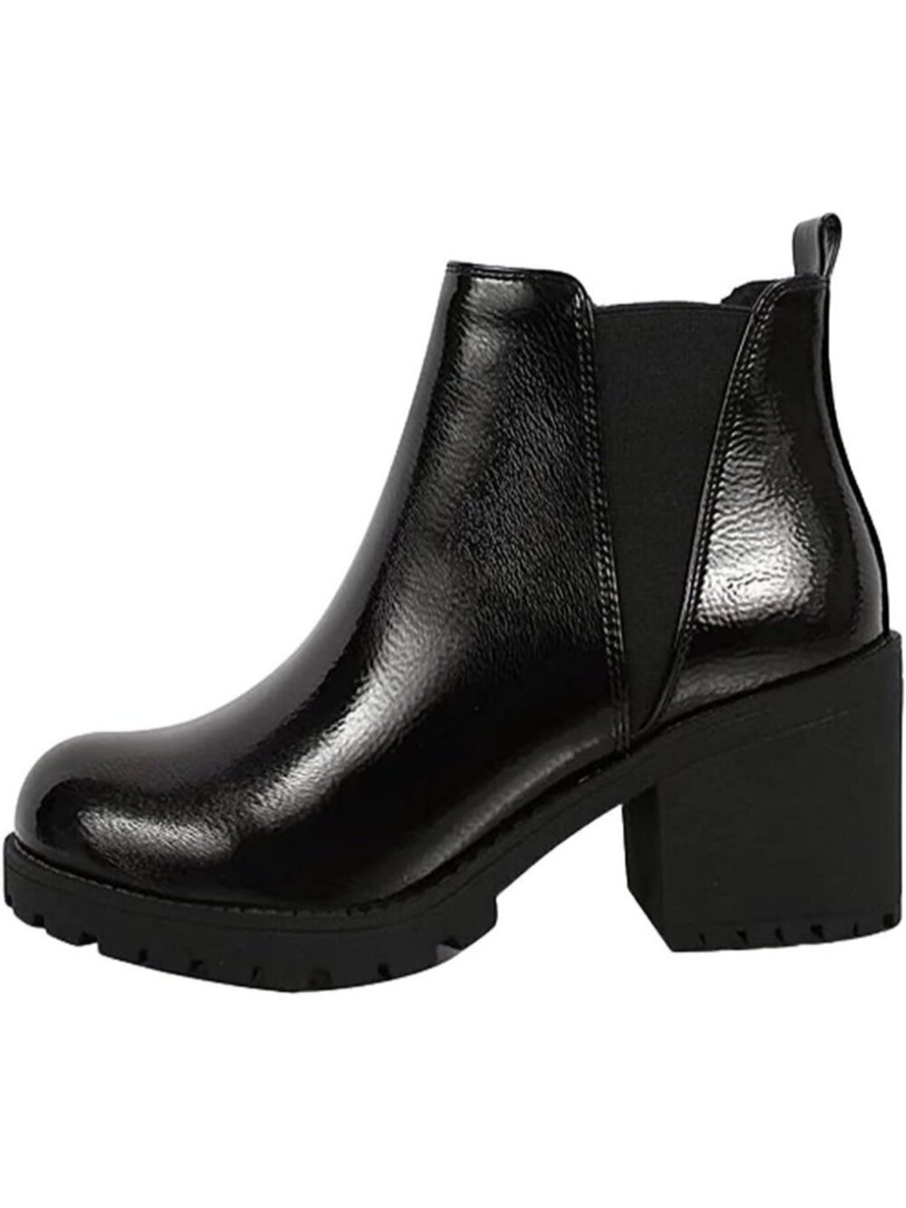 Women's Black Pat Origami Lug Sole Mid Heel Ankle Bootie Double Elastic Boot